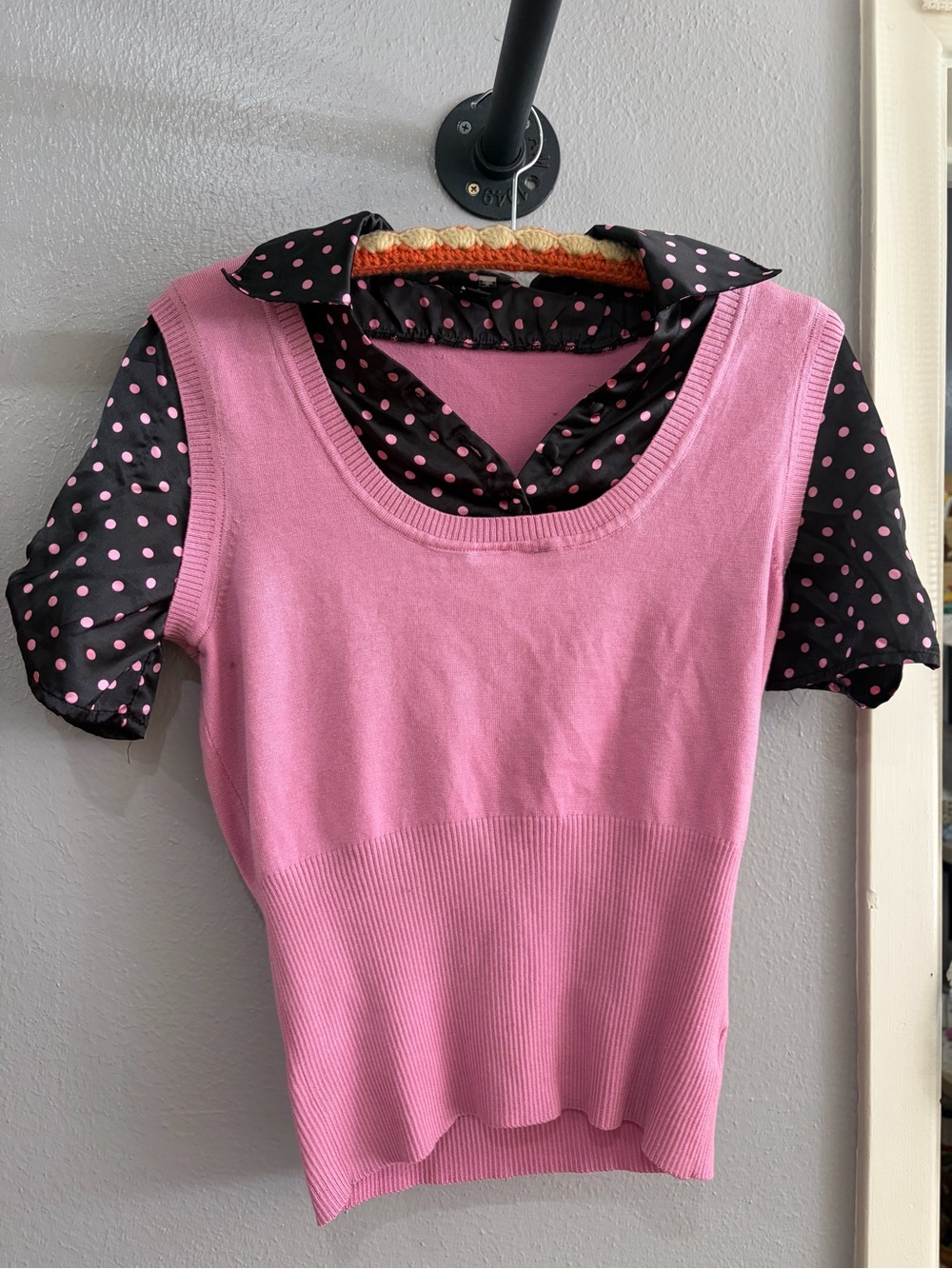 HeartSoul Pink Knit Shell Over Black Polka Dot Blouse